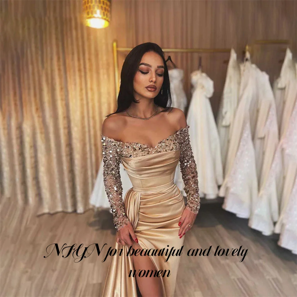 فستان NFYN لامع بأكمام طويلة للحفلات الذهبية بفتحة...
