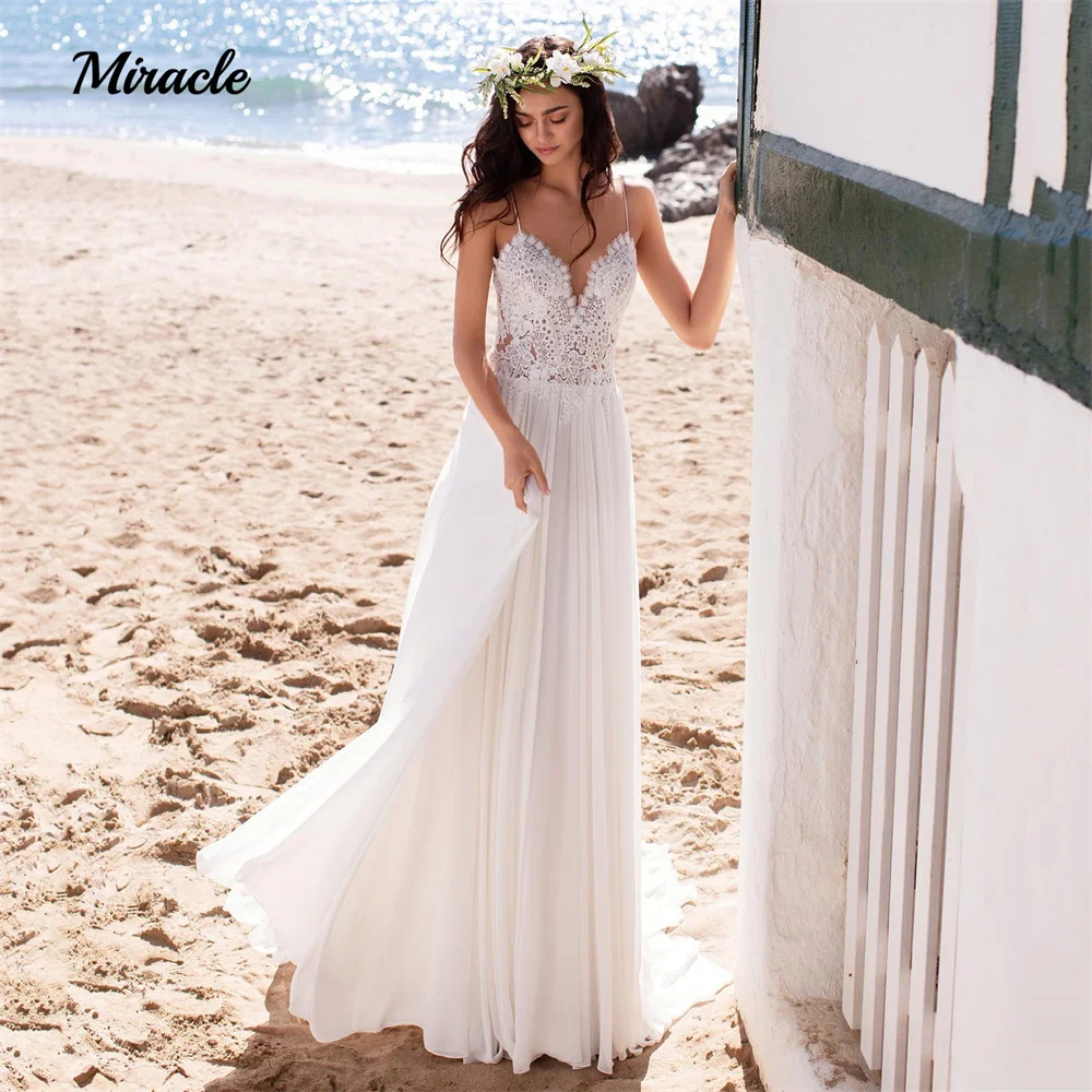 

Beach Boho Wedding Dress Popular Sweetheart A-Line Bridal Gown Fascinating Backless Bride Robe Spaghetti-Strap Vestidos De Novia