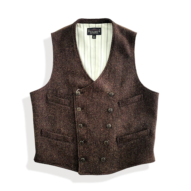 

Men's Tweed Wool Vest Double-Breasted Slim Fit Red Brown Classic Gentlemen Elegant Wear Vintage Suit Waistcoat