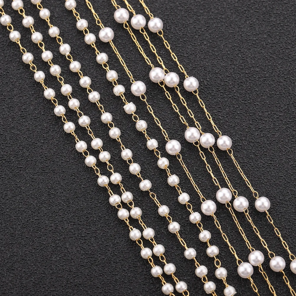 High Quality Stainless Steel Gold Color Dainty Thin Paper Clip Link Bead Roll Trim Imitation Pearl Chain for Jewelry Making DIY