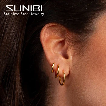 Retro Minimalism Stainless Steel Hoop Earrings for Woman Girls Gold Color Metal Circle Earring Party Gifts Simple Jewelry
