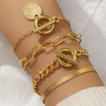 4PCS Fashionable And Minimalist Gold Color Versatile Snake Bone Chain Bracelet Sets Women's Holiday Gift Trendy Jewelry