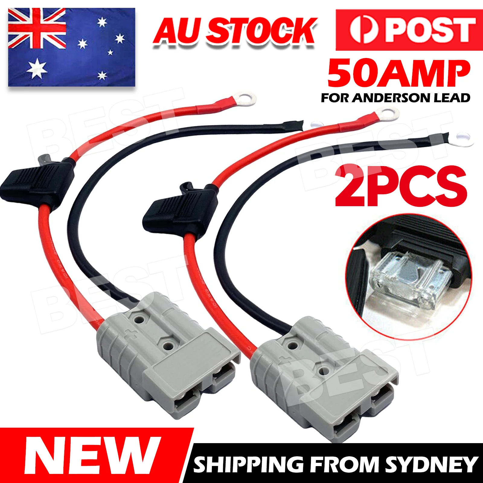 2pcs FUSED Anderson Lead 50amp plug to 8mm Lugs, 10 B&S 60 amp cable lead AU
