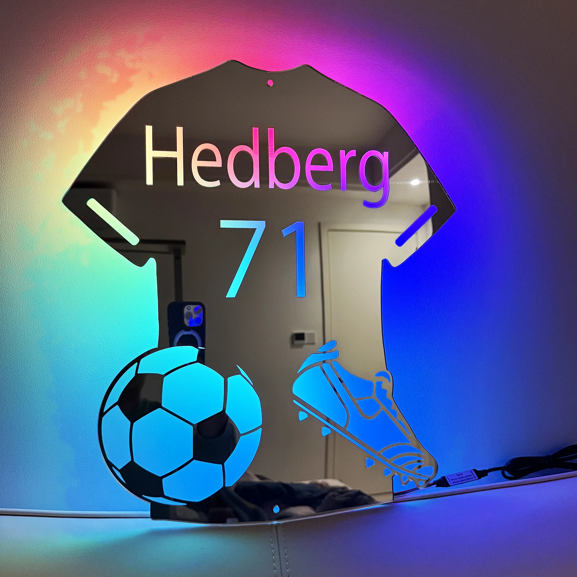 Personalised LED Football Shirt Mirror Light Custom Name/Number USB Wall Decor Birthday/Father&rsquo;s Day Gifts for Football Fans