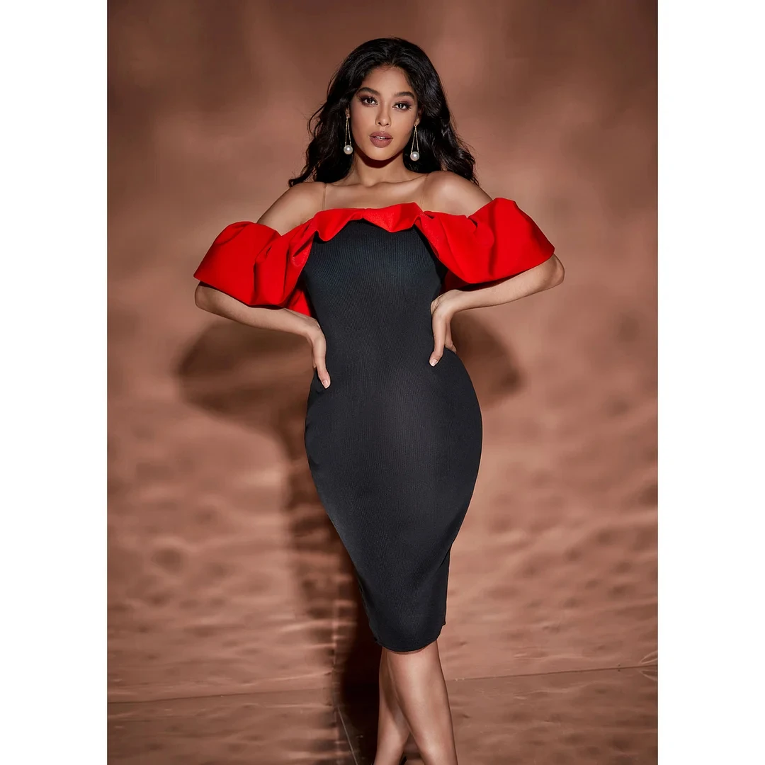 

2023 Women elegant Red and balck Color Block Off Shoulder one-piece luxury Evening Holiday prom Cocktail gala party dress