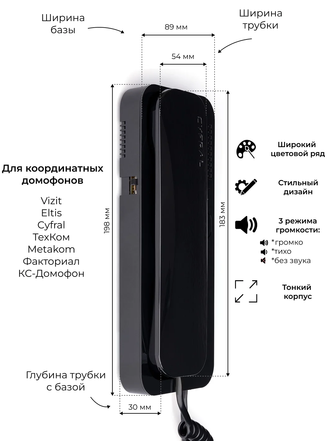 Трубка домофона Unifon SMART-U (черная). Для координатных подъездных домофонов VIZIT, CYFRAL, ELTIS. Регулировка громкости.