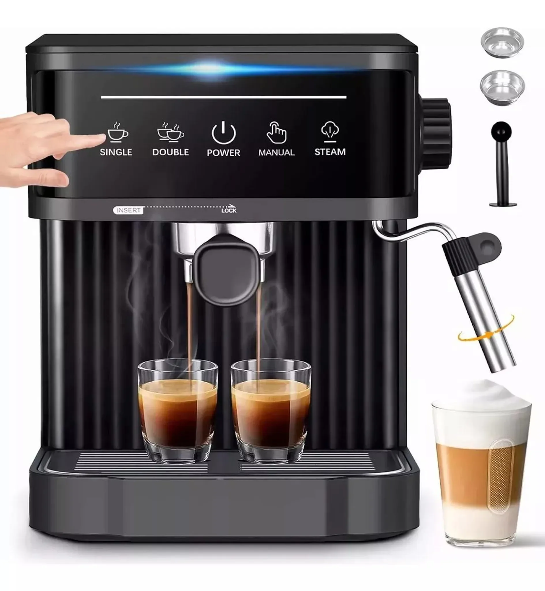 Machine à espresso 20 bars, commande tactile, 360 ° Buse à vapeur pour la préparation de mousse de lait, réservoir d'eau de 1,8 litre, porte-gobelet intégré, bac de récupération amovible 1 Machine à espresso 20 bars, commande tactile, 360 ° Buse à vapeur pour la préparation de mousse de lait, réservoir d'eau de 1,8 litre, porte-gobelet intégré, bac de récupération amovible 1