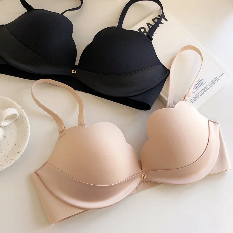 Simple sexy ribbon cat claw cup bralette seamless small chest gathered  underwear upper thin bottom thick no steel ring bra girl - AliExpress