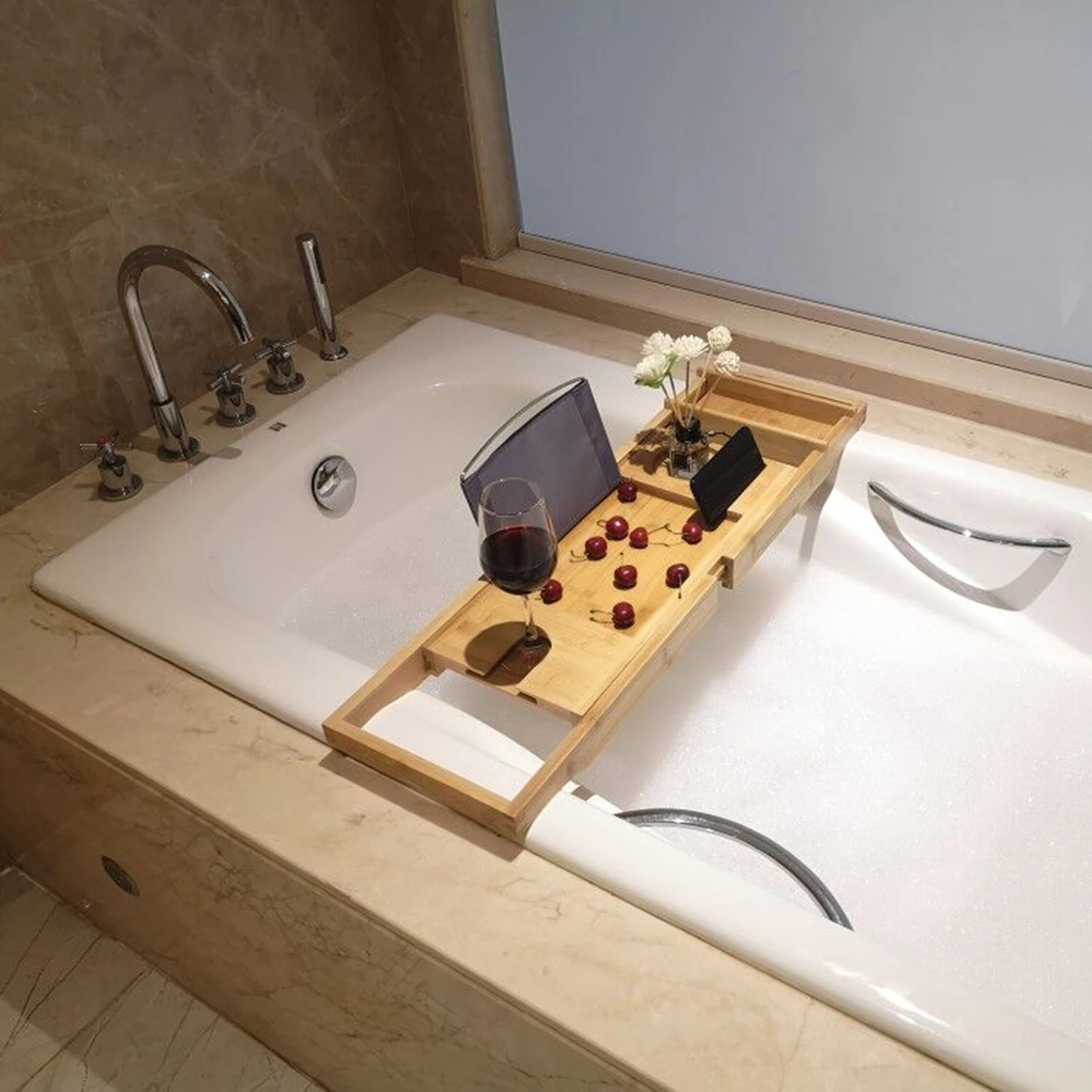 Bamboo Bath Tray Table – Over-the-Tub Caddy Shelf with Detachable Holder for Towels & Bath Accessories 2