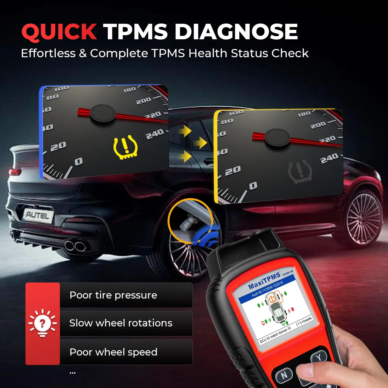 Tire Pressure Monitor Car Diagnostic Tool Autel MaxiTPMS TS508WF TPMS Programming Tool MX Sensors 315 433 MHz TPMS Relearn Activate All Sensors Scan Read Clear DTCs Reset