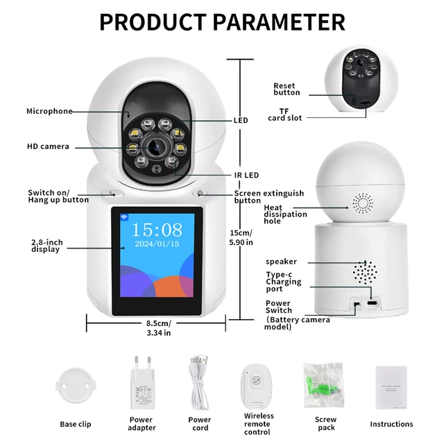 2MP wireless WIFI video call camera baby safety protection monitor 2.8-inch screen button call PTZ human shape detection ICSEE 2