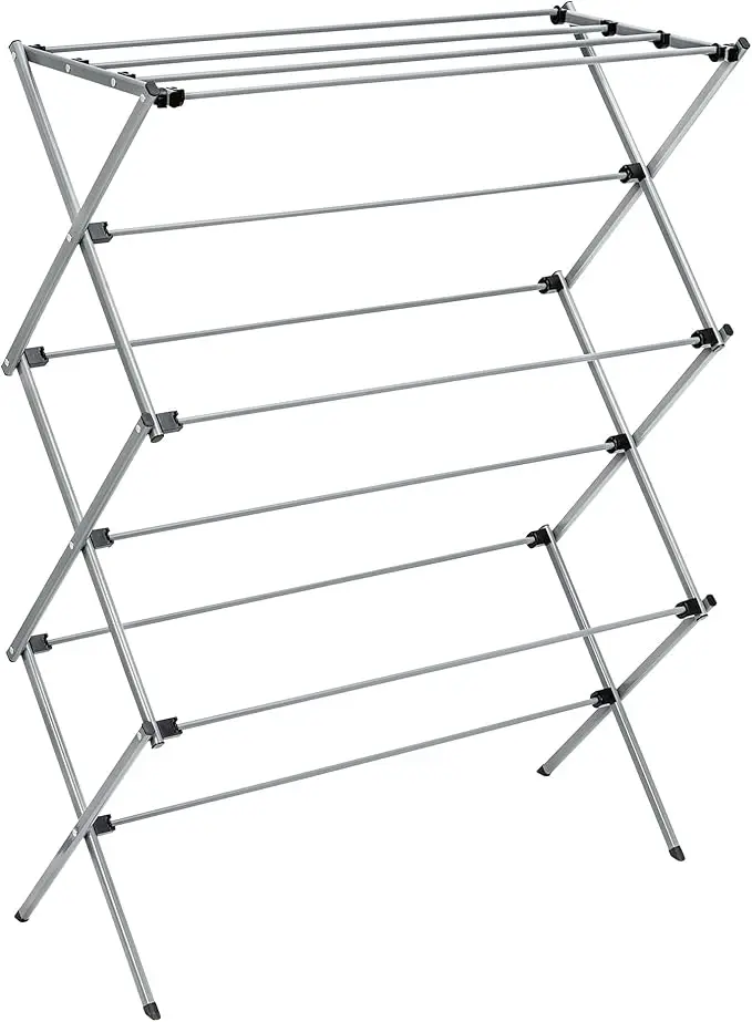 Collapsible silver drying rack with 50lb capacity. Sturdy steel, foldable for indoor/outdoor use. Space-saving and portable. 2