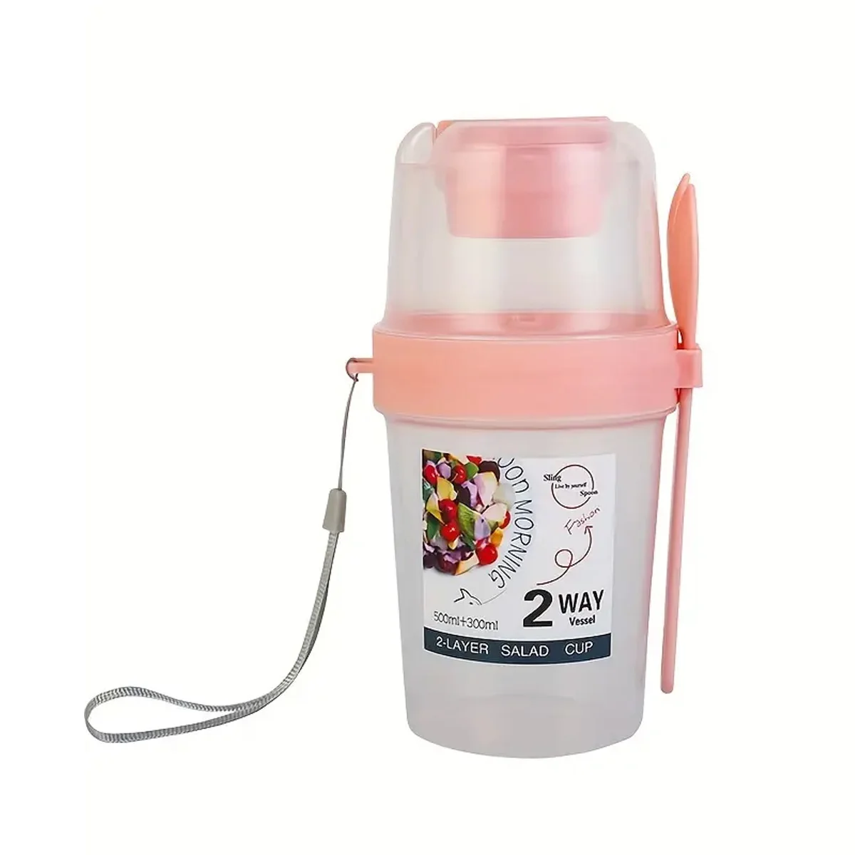 1pc Portable double layered salad cup with spoon, fruit, oats, travel, breakfast cup, salad lunch box, and travel accessories