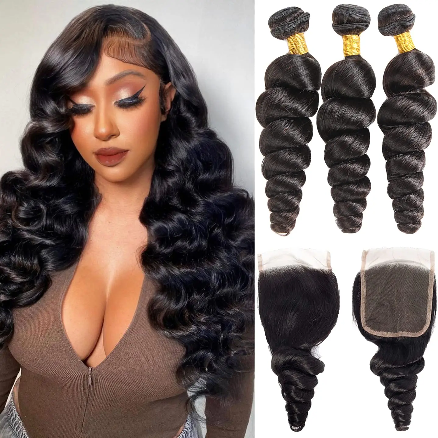 

Malaysia Loose Wave Human Hair Weave 3 Bundles with 4X4 Lace Closure Free Part (14 16 18 +12) Brazilian Virgin Loose Deep Hair