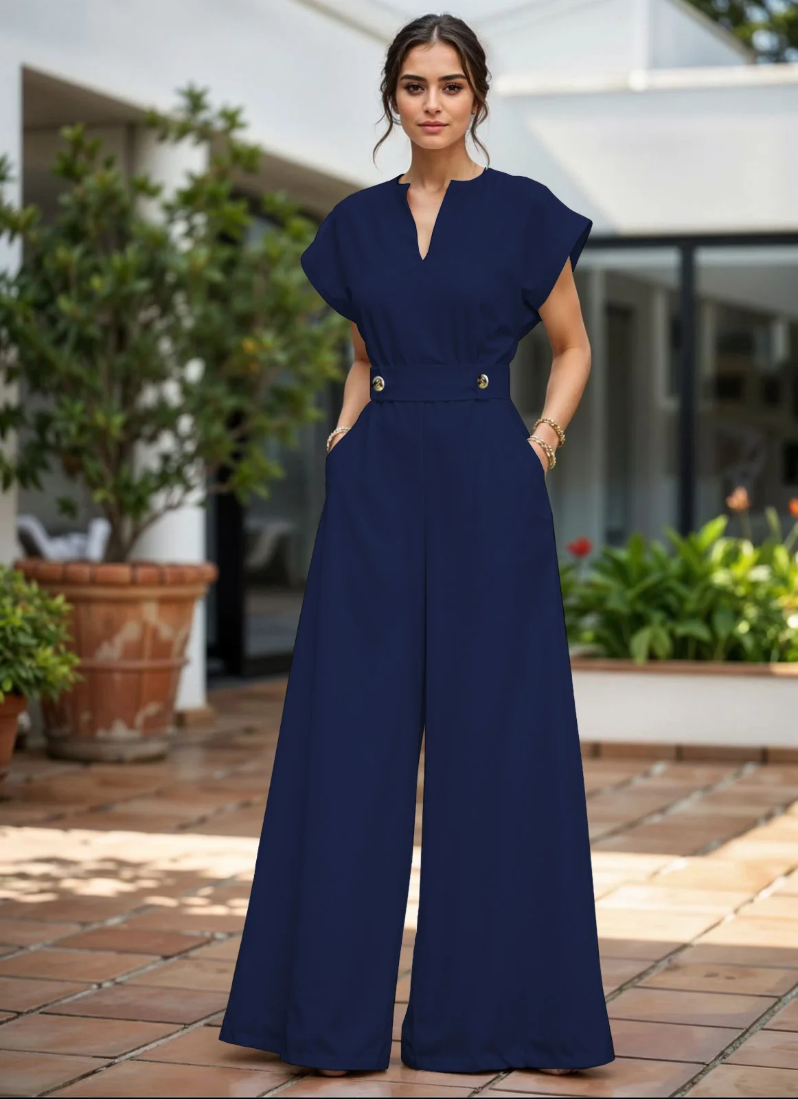 Mono Mujer Traje Dos Piezas Pantalón Ancho Blusa Manga Corta Holgada Cintura Elástica Casual Ropa Palazzo Moda