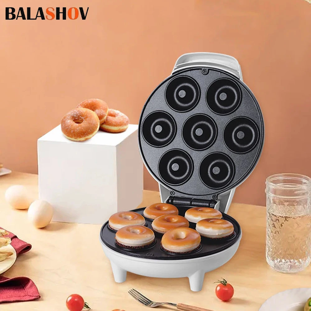 

Mini Donut Maker Machine Electric 7-hole Cooking Cake Pan Non-stick Surface for Kids Double-Sided Heating Breakfast Roaster