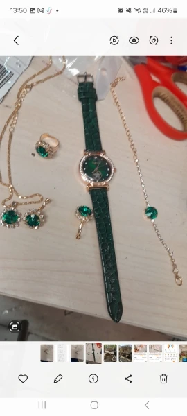 6PCS Set Green Luxury Quartz Watch Women Ring Necklace Earring Rhinestone Fashion Wristwatch Casual Ladies Bracelet Watches 6PCS photo review