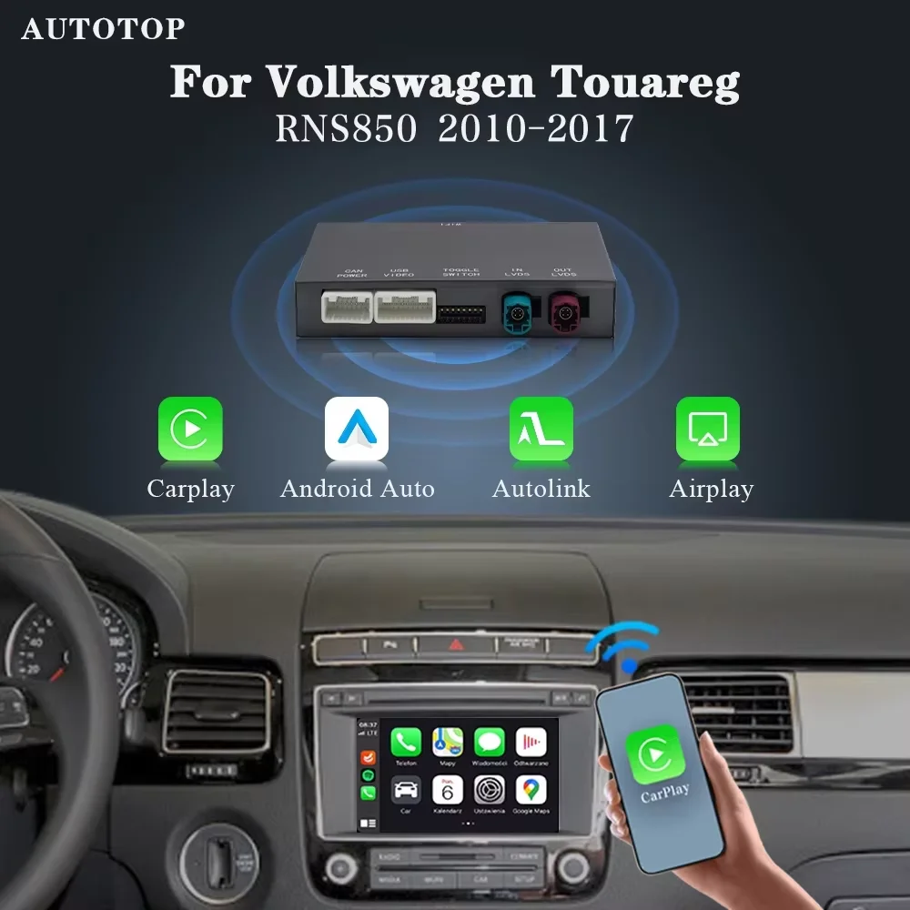 Bezprzewodowy dekoder CarPlay Android Auto do Volkswagen VW Touareg RNS850 z Bluetooth Mirror Link AUX Moduł Samochodowy