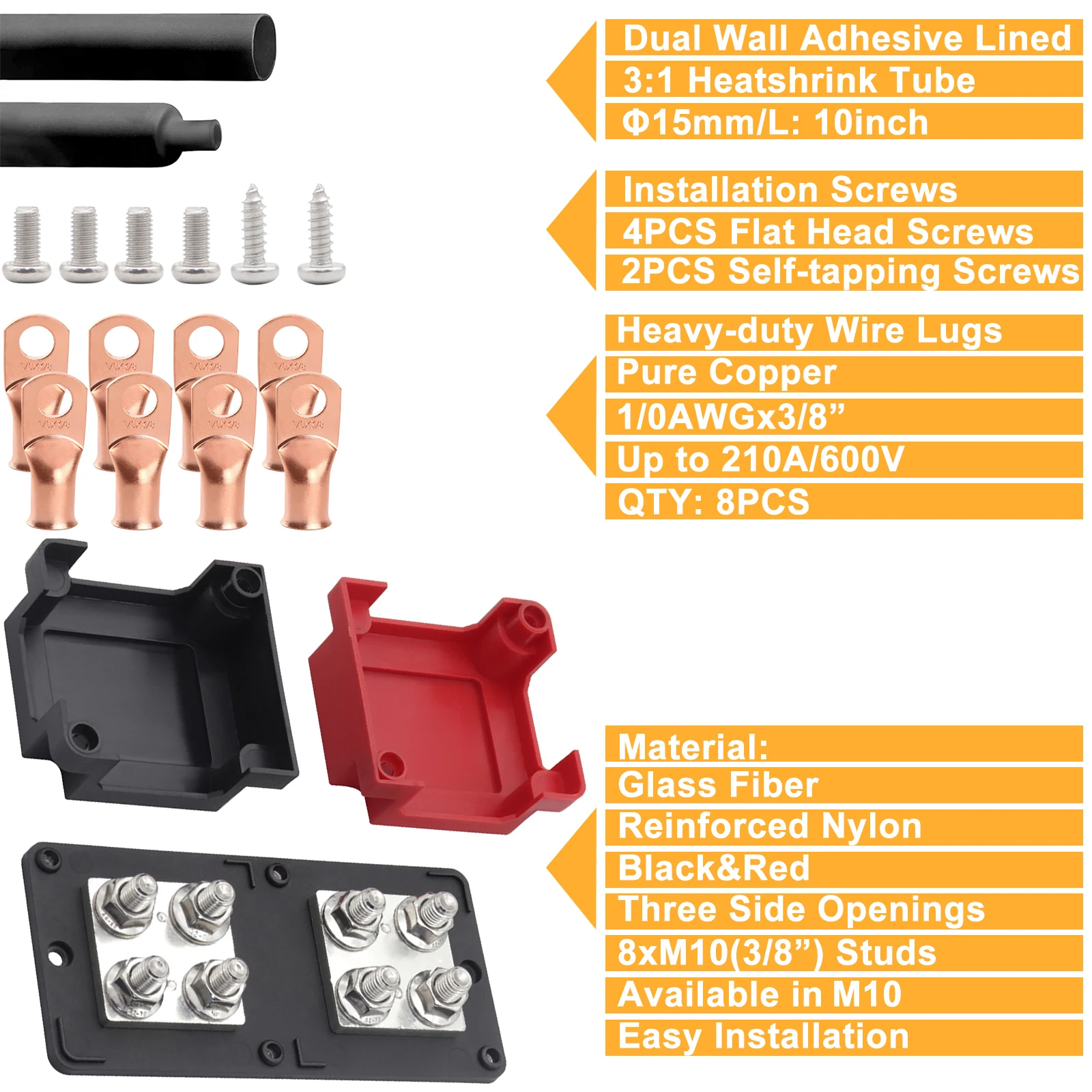 GIE.TOP 48V DC 400 Amp Bus Bar Box Copper Made Heavy-Duty Module with 8 X 3/8" (M10) Studs Terminals Battery Distribution Block power distribution block bus bar box