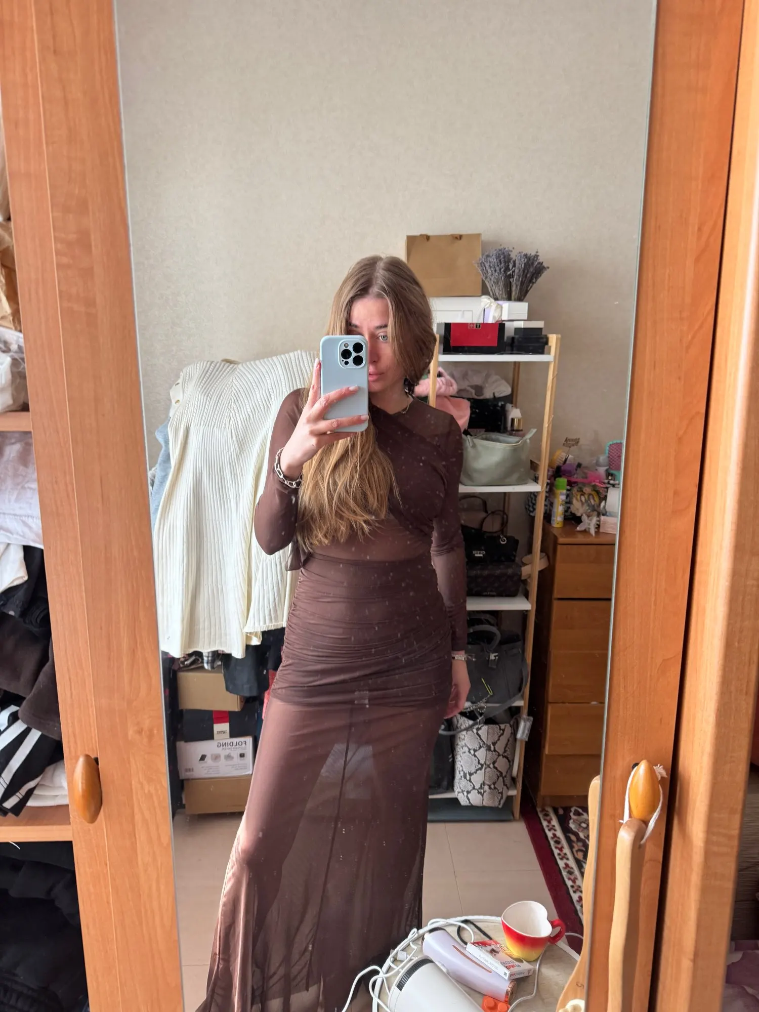 Burgundy Mesh Ruched Long Sleeve Maxi Dress Party Formal Wear photo review