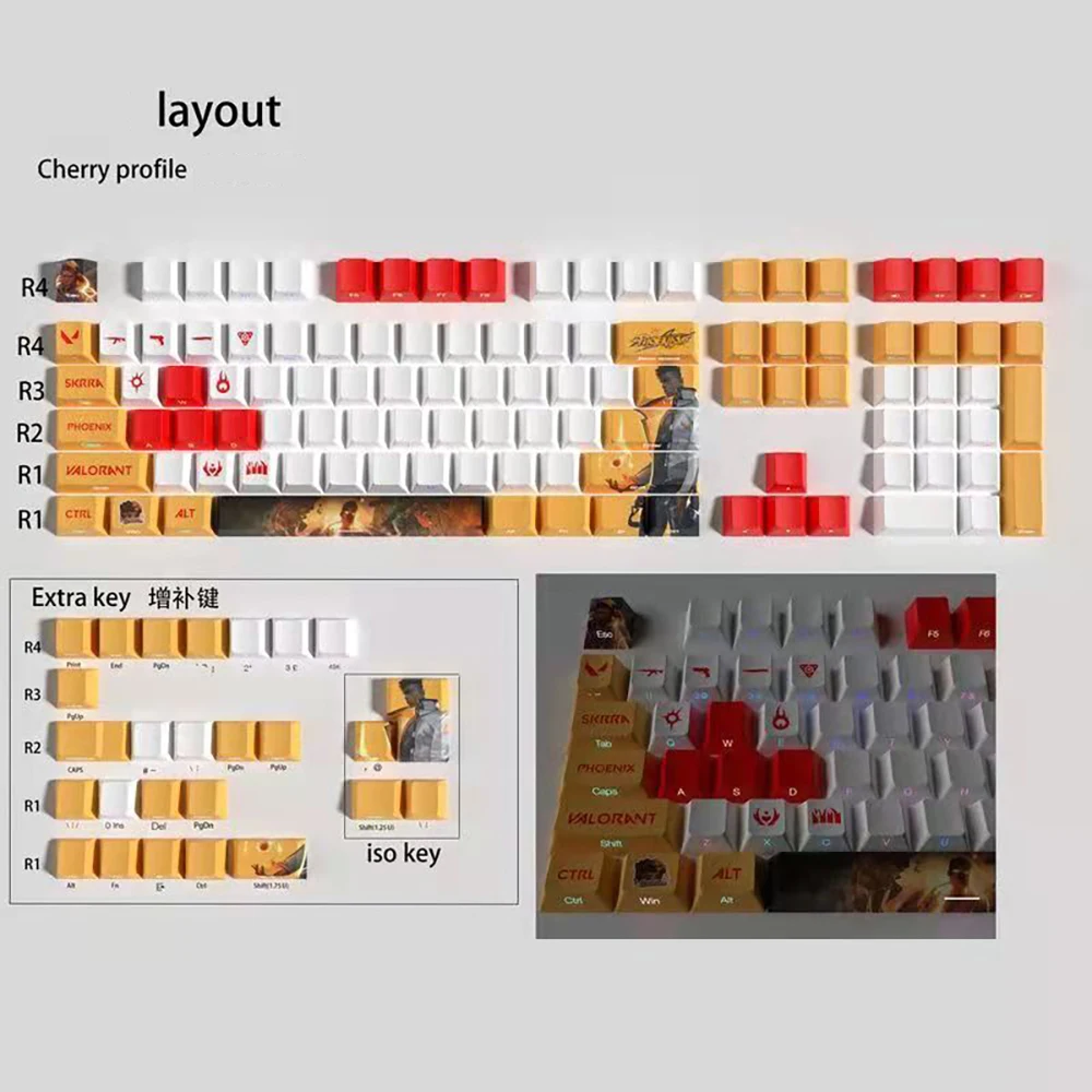 Valorant-viper Full Conjunto Keycaps Jogo Side Print Carta Gravura Padrão Pbt Dye Sub Perfil Cereja