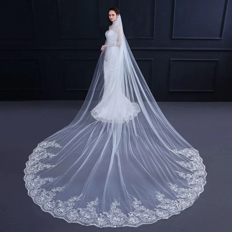 

3 Meter White Ivory Wedding veil Lace Appliques Welon Novia accesorios Casamento Bridal veils with Comb Wesele C27112