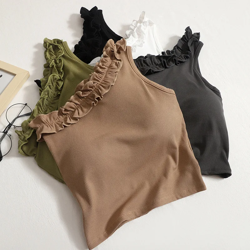 

Sexy Summer One Shoulder Strap Crop Tops Women Sleeveless Ruffles Camisole Slim Streetwear Outwear Tank Top Camis