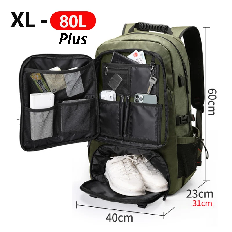 Mochila GRANDE de viaje para hombre, Bolsa Escolar de 80L y 60L