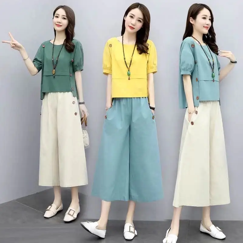 Sports Wear Set Spring Two Piece Linen Women Sets Elegant O Neck Top Shirt and Drawstring Casual Vintage Pocket Harajuku