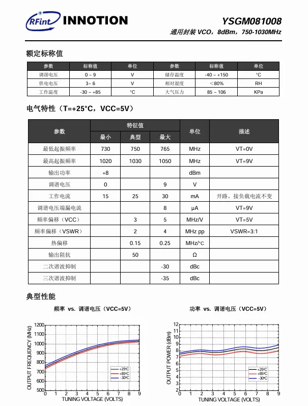 YSGM081008 750-1030MHz VCO Voltage Controlled Oscillator 7mm*9mm*2mm Communication Interference 50&Omega; 8dBm GSM900 CDMA800