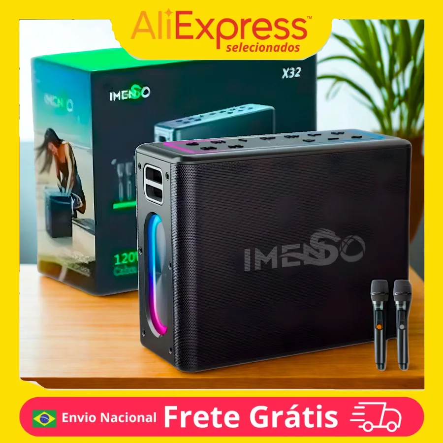 Caixa De Som Imenso Ims-x32 120w Com Luzes RGB Alça e 2 Microfones Sem Fio Recarregável Bivolt Som Potente Proteção IPX4