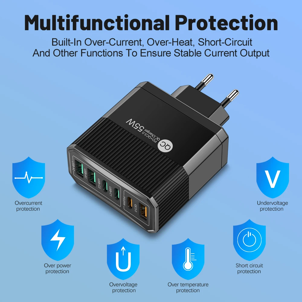 55W Fast Charging Charger 6Ports USB Type C Charger For Samsung A23 S23 iPhone 15 14 Xiaomi Tablet Portable Wall Mobile