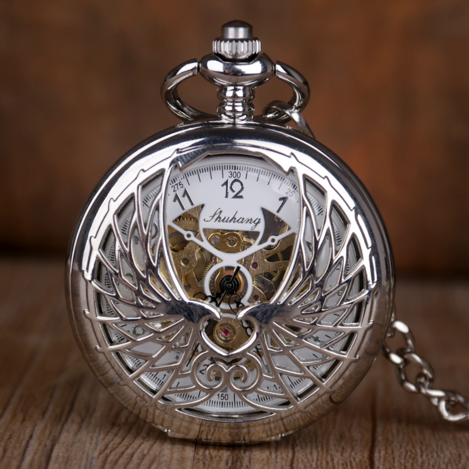 

Luxury Silver Wings of Love Mechanical Pocket Watch Men's Women's Fob Chain Unique Hollow Design Double-sided Hand Wind Watch