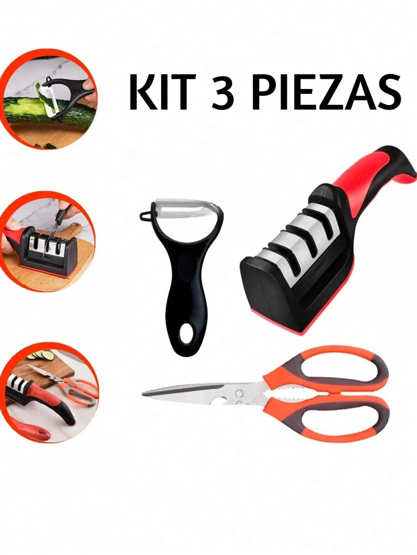Kit de 3 Piezas de Cocina. Afilador, Pelador y Tijeras