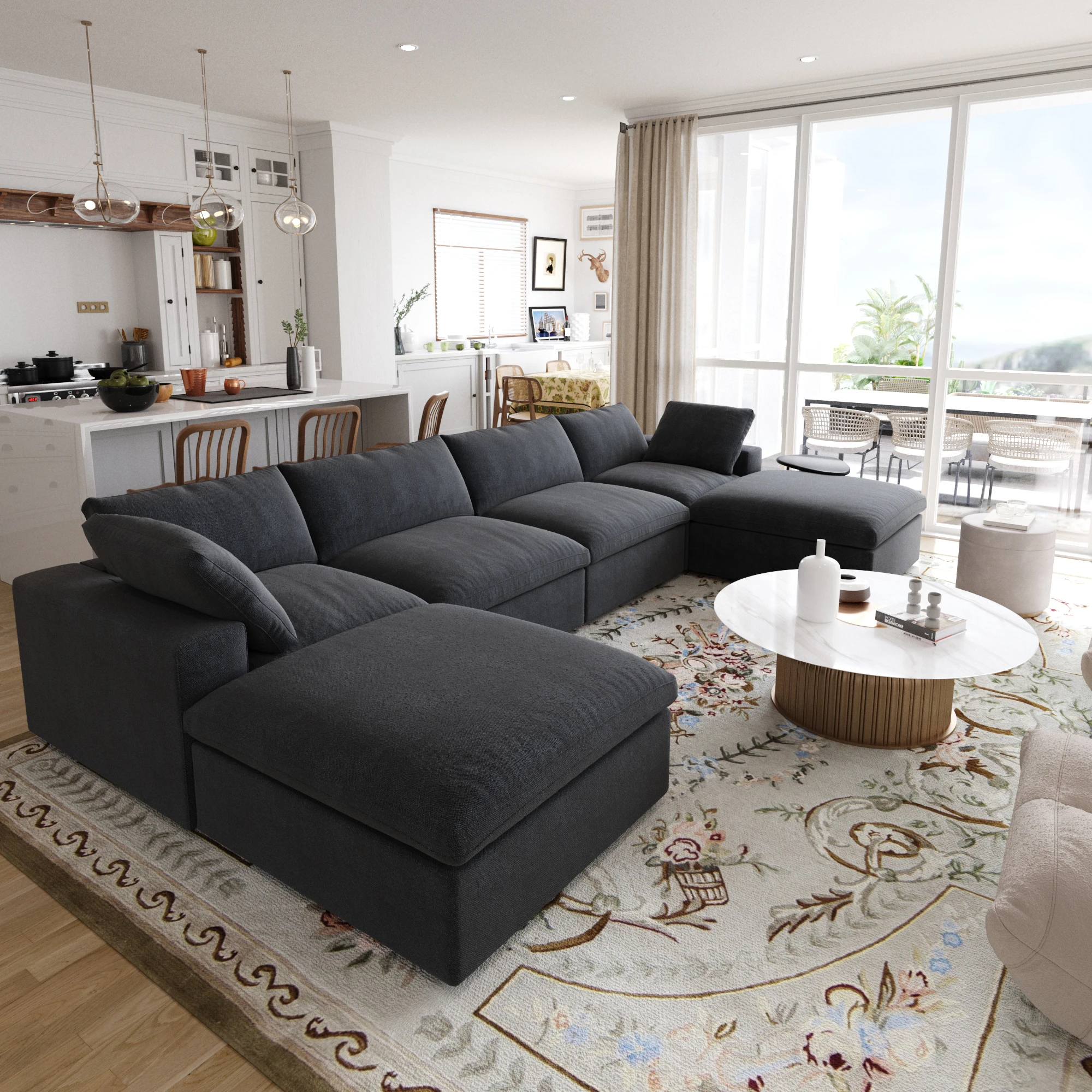 Modular Convertible Cloud Couch 6-Seats U-Shaped Couches Comfy Down Filled Sectional Sofa With Ottomans Removable Cushion Covers