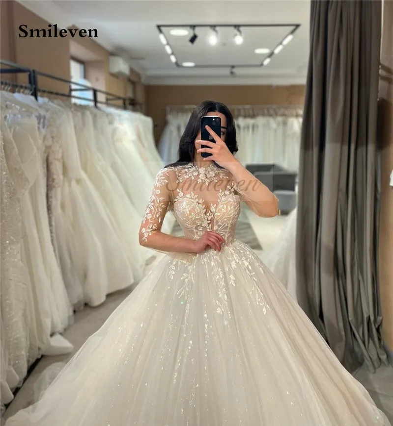 Smileven Long Sleeve Lace Wedding Dresses A Line High Neck Shiny Appliques Bridal Gowns Glitter Tulle vestidos de novia 2024
