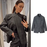 Vestes pour femmes printemps 2026, col montant, poches asymétriques, blazers gris à carreaux, vêtements d'extérieur pour femmes automne, style vintage street 4