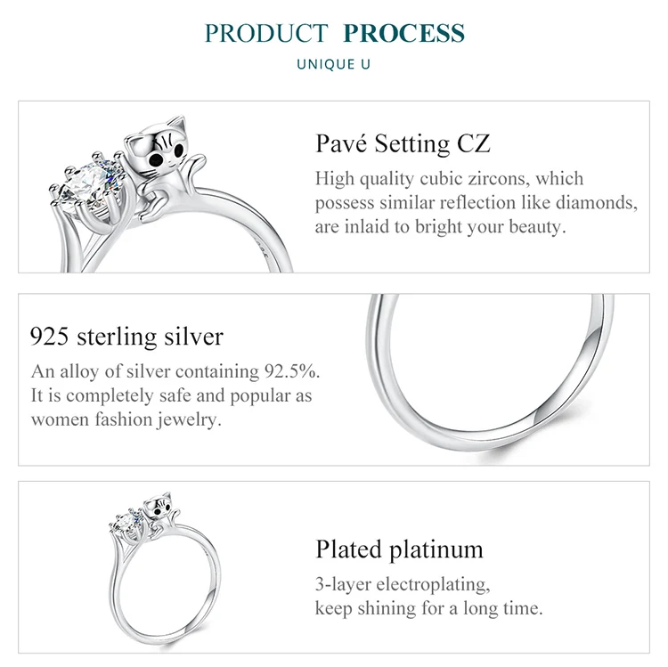 Sterling Silver Cute Cat Zircon Rings Plated Platinum For Women Fashion Ring Fine - PeticaDeals