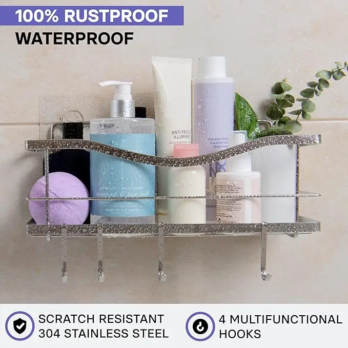 Premium Self - Adhesive Shower Organizer with 4 Hooks. Drill - Free, Rustproof Stainless Steel Shower Rack for Inside Shower 2