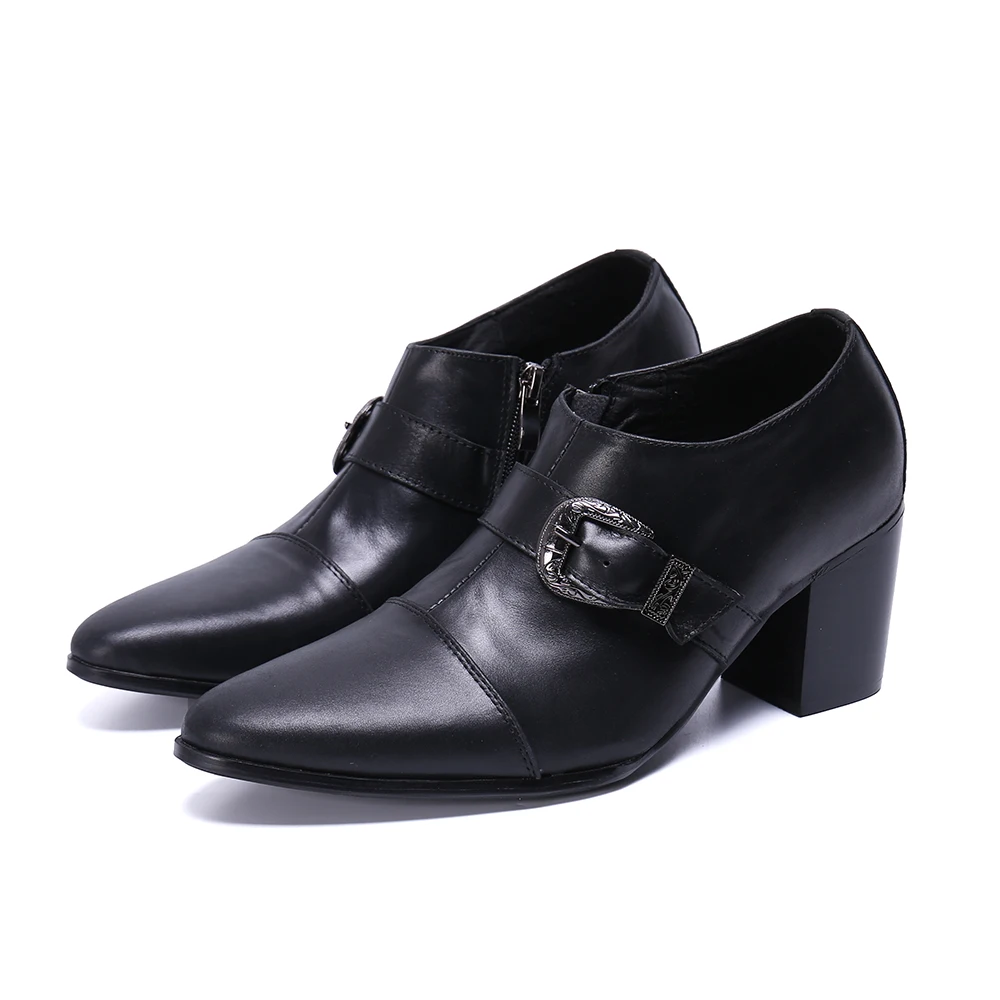 Men Leather Boots High Heels Genuine Leather Dress Shoes Lace Up Black Oxford Shoes for Men Thick Heel Snake Pattern Mens Classic
