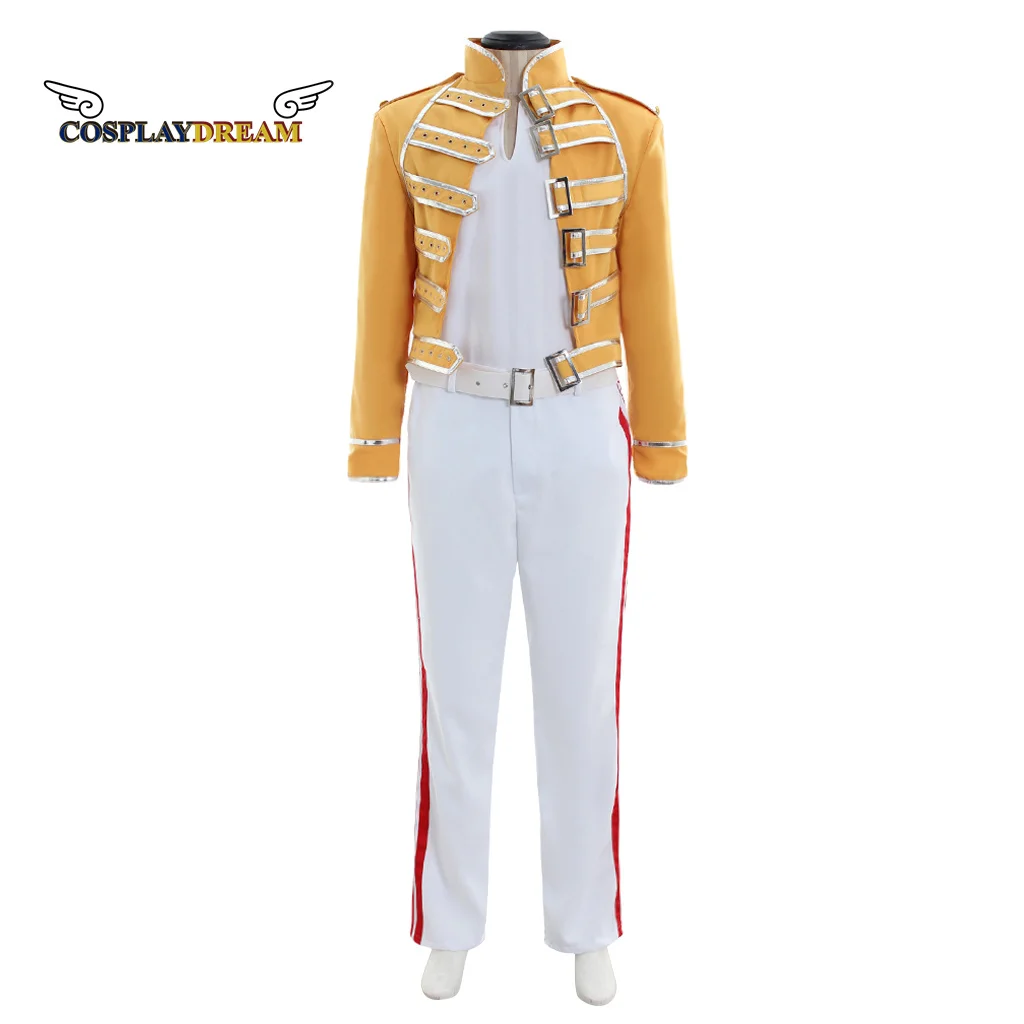 

Queen Lead Vocals Freddie Mercury Wembley On Stage Cosplay Costume Yellow Jacket White Pant Freddie Halloween Party Costume Suit