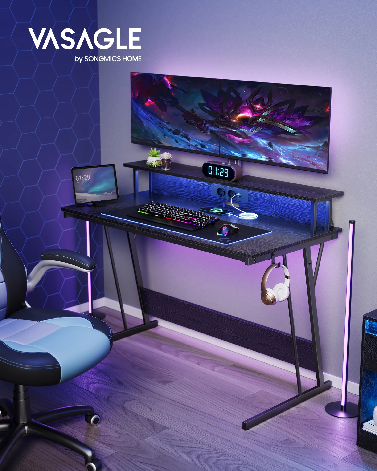 Bureau Gaming LED RGB Carbone – 120x60 Cm – Neuf