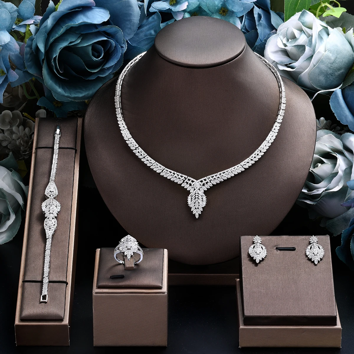 

Elegant Women Wedding Jewellery African CZ Crystal Leaf Drop Bridal Necklace Bracelet and Earrings Jewelry Sets