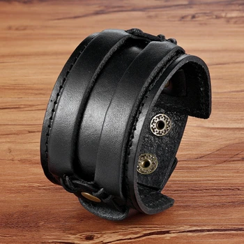 TYO High Quality Black Brown Leather Bracelet Stainless Steel Double Safety Clasps Bandage Design Men Bangles Male Birthday Gift