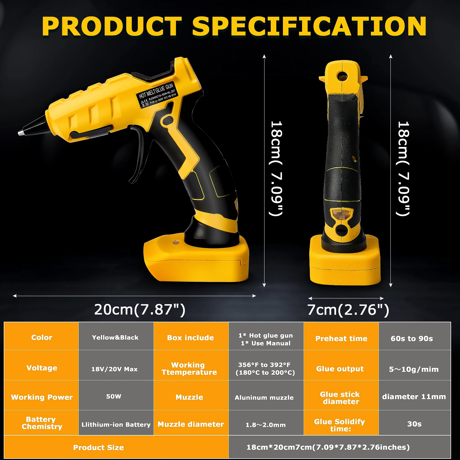 50W Cordless Hot Glue Gun for Dewalt 20V Battery with 30pcs 7mm Sticks 30s Quick