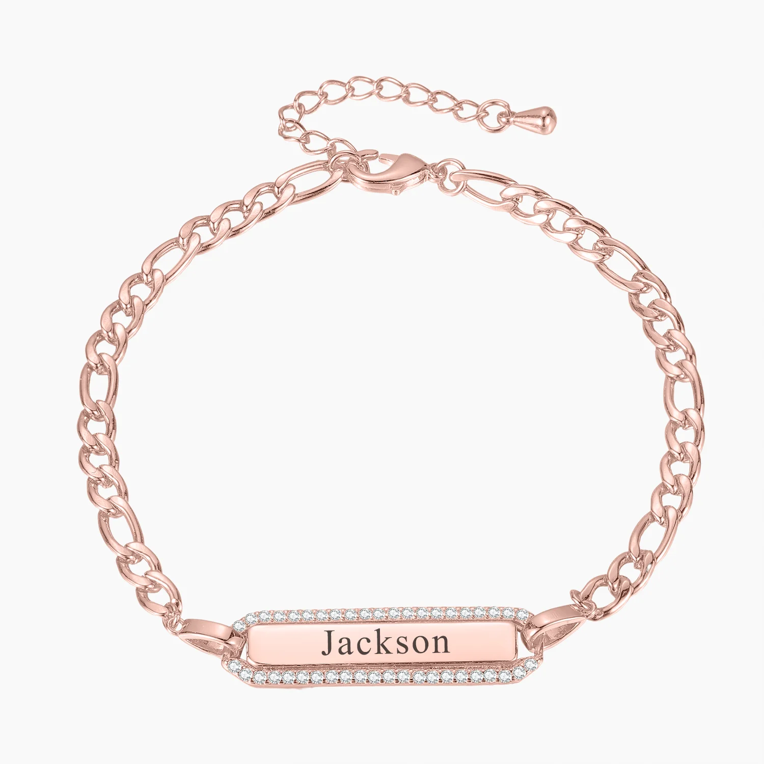 Custom Date Rectangle Engraved Name Bracelet Luxury Figaro Bracelet White Crystal Pendant Adjustable Bracelets 18K Gold Plated