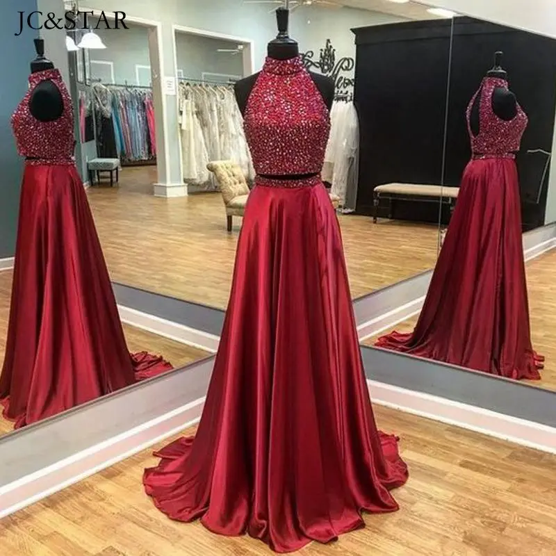 

Red Evening Dresses Long Luxury Party gowns Prom 2 Pieces High Neck Crystal Satin Sexy Turkish Formal Night EVEN WOMAN Kafta Rob