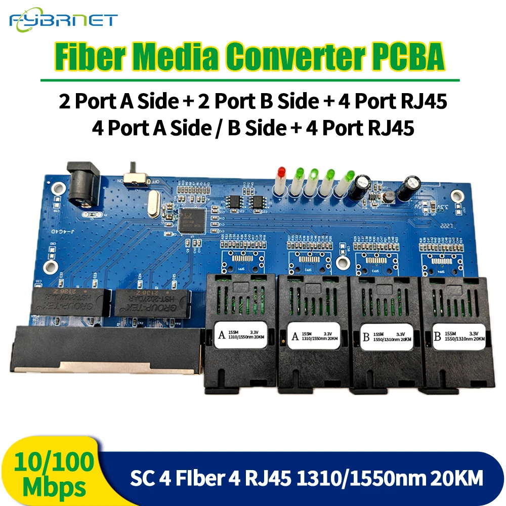 10/100Mbps Single Mode Fiber Switch 4F4E Fiber Port 20KM SC Optical Media Converter PCBA Fast Ethernet Simplex/Duplex 4pcs gigabit placa metro fibra 20km 2 fiber 4 rj45 pcba board sc connector 10 100 1000m single mode simplex fast fiber switch