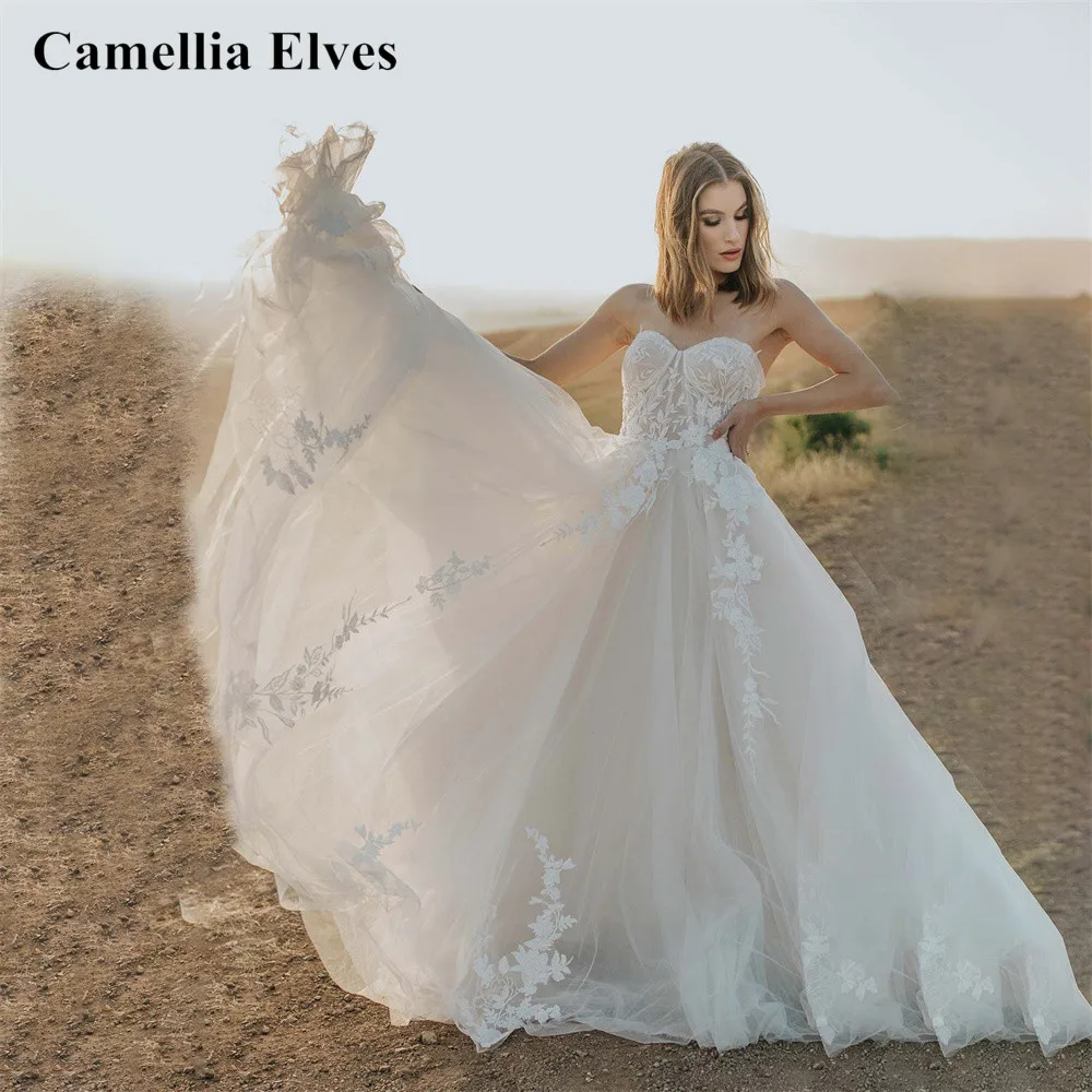 

Sexy Strapless A Line Wedding Dresses For Women Boho Bridal Dress Sweetheart Lace Appliques Backless Bride Gown Vestido De Novia