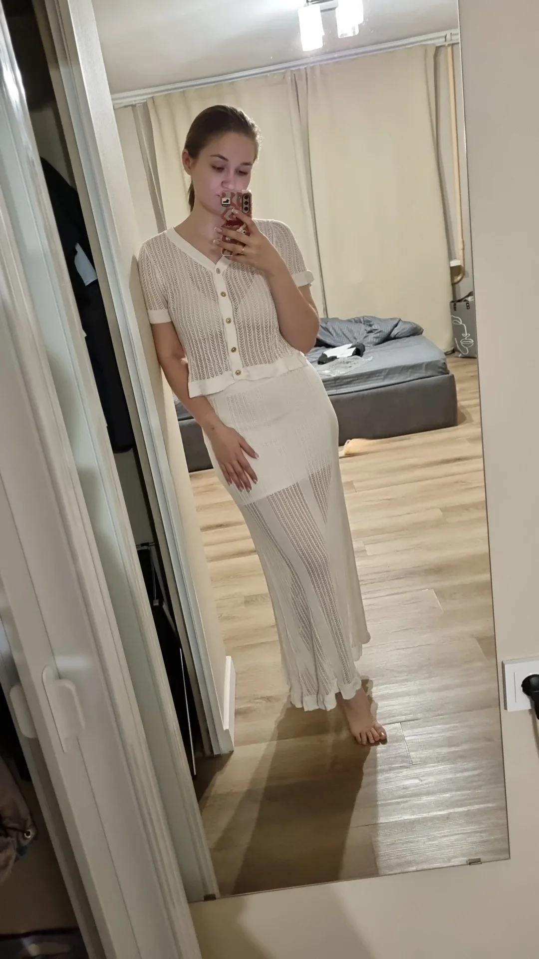 Elegant V-Neck Knitting Button Top & High-Waist Skirt Set photo review